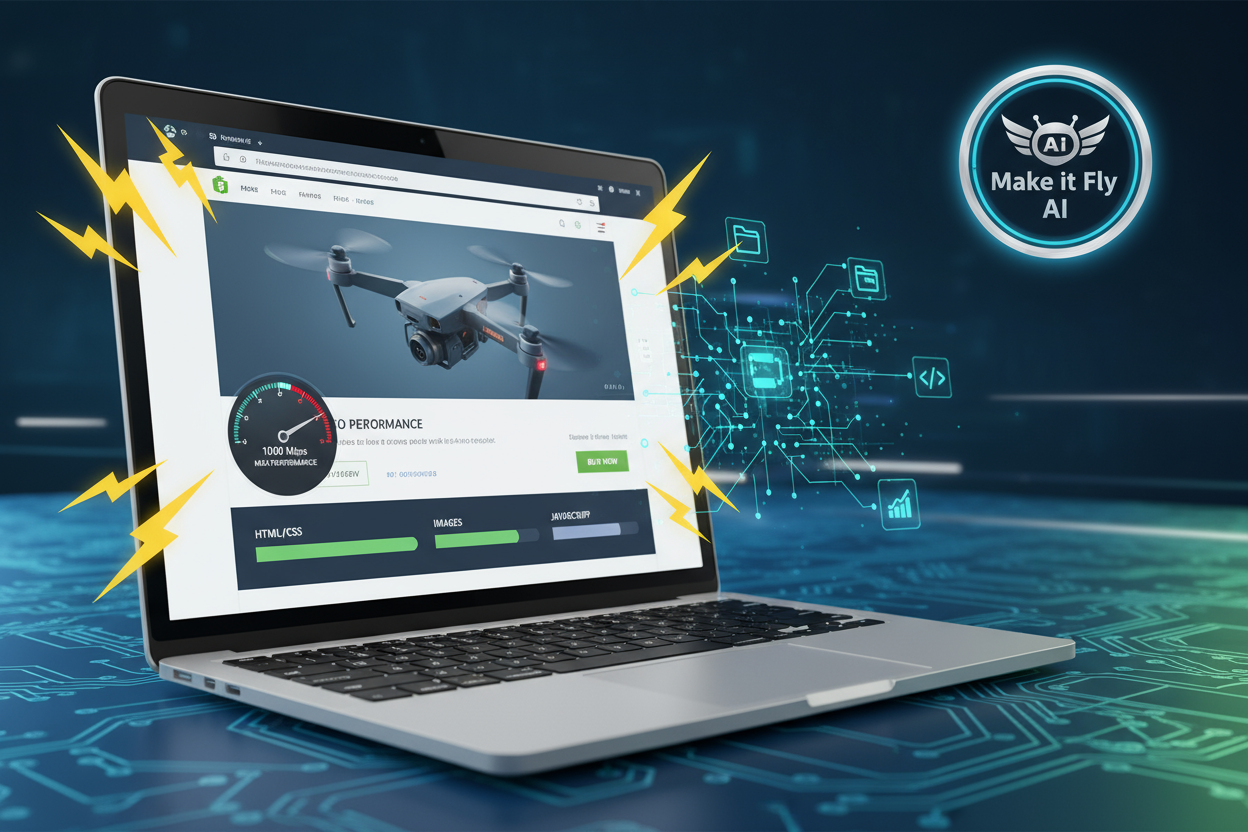 Shopify website speed optimization image with Make it Fly AI text as badge
